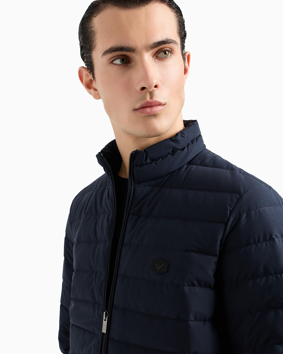 Quilted nylon full-zip down jacket with eagle logo patch