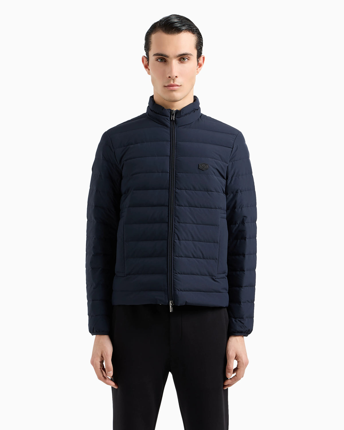 Quilted nylon full-zip down jacket with eagle logo patch