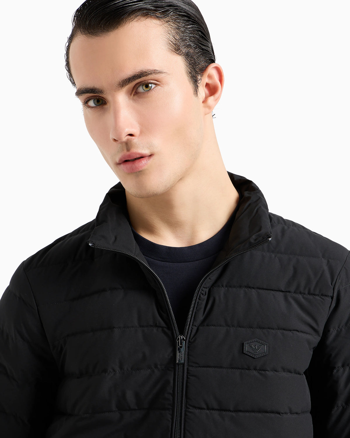 Quilted nylon full-zip down jacket with eagle logo patch