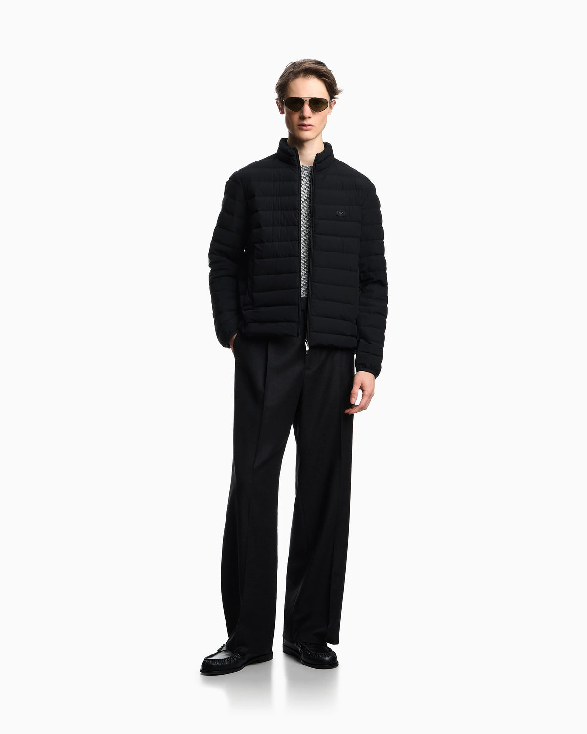 Quilted nylon full-zip down jacket with eagle logo patch