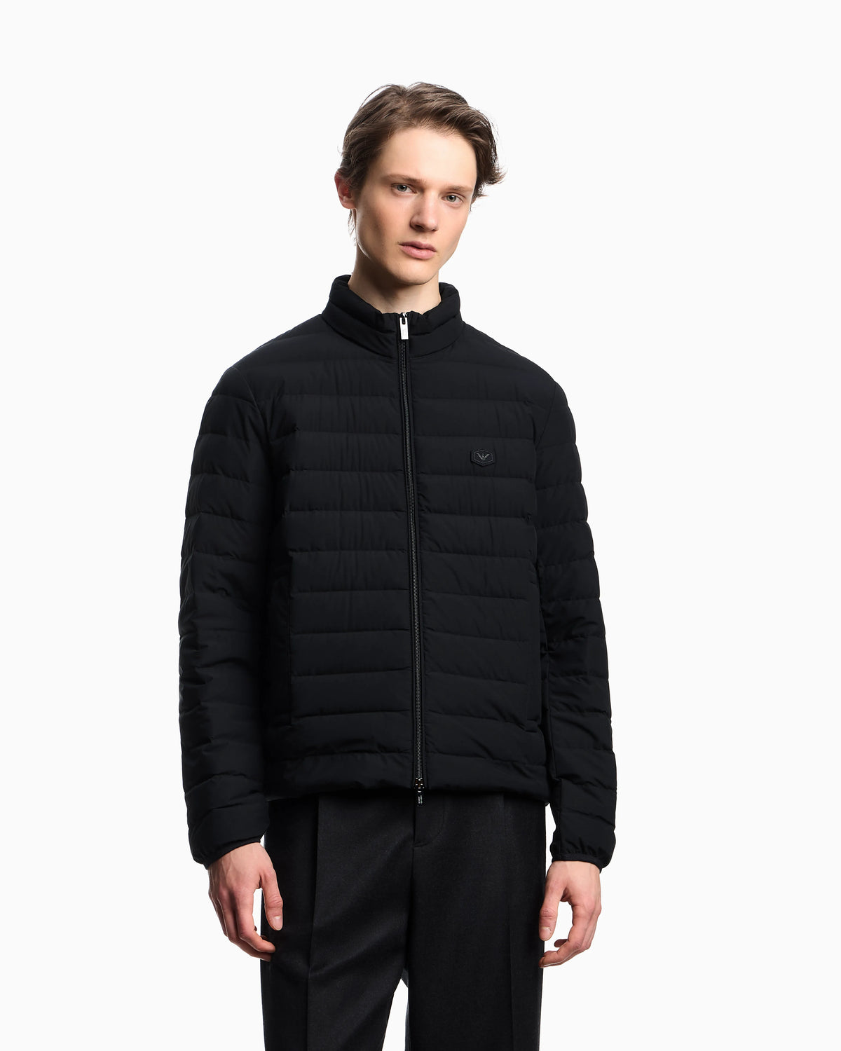 Quilted nylon full-zip down jacket with eagle logo patch