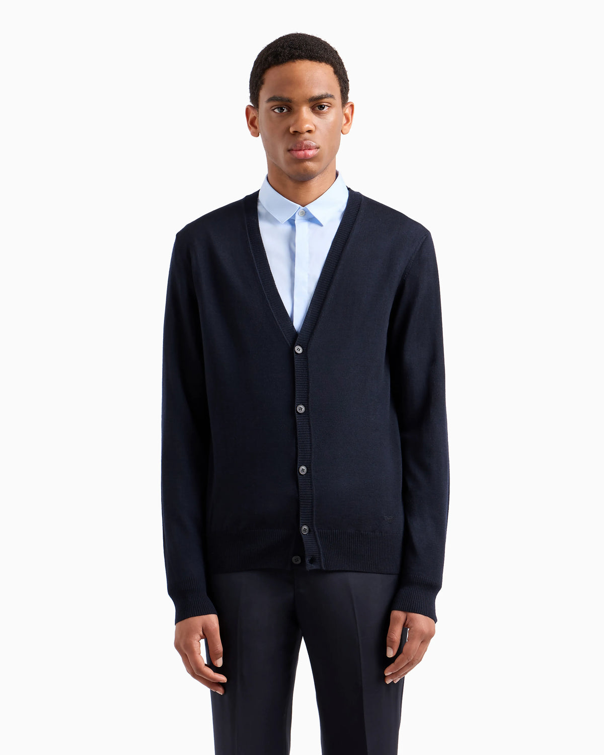 Plain-knit, virgin-wool V-neck cardigan