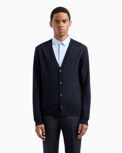 Plain-knit, virgin-wool V-neck cardigan