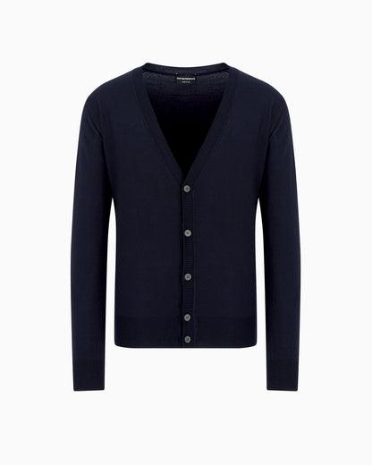 Plain-knit, virgin-wool V-neck cardigan