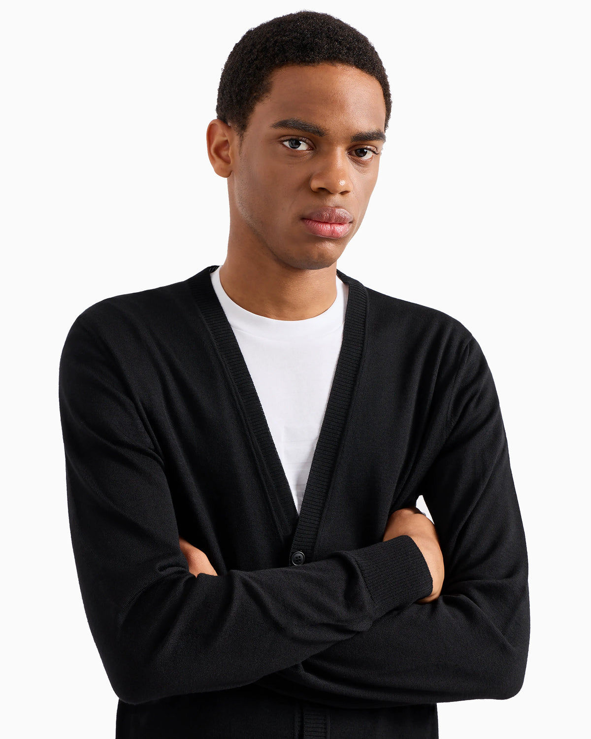 Plain-knit, virgin-wool V-neck cardigan