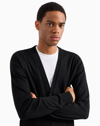 Plain-knit, virgin-wool V-neck cardigan
