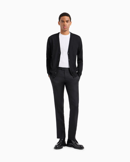 Plain-knit, virgin-wool V-neck cardigan