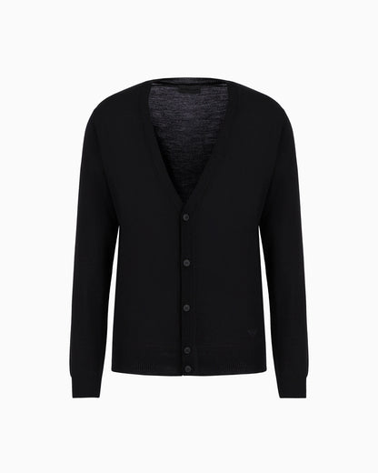 Plain-knit, virgin-wool V-neck cardigan