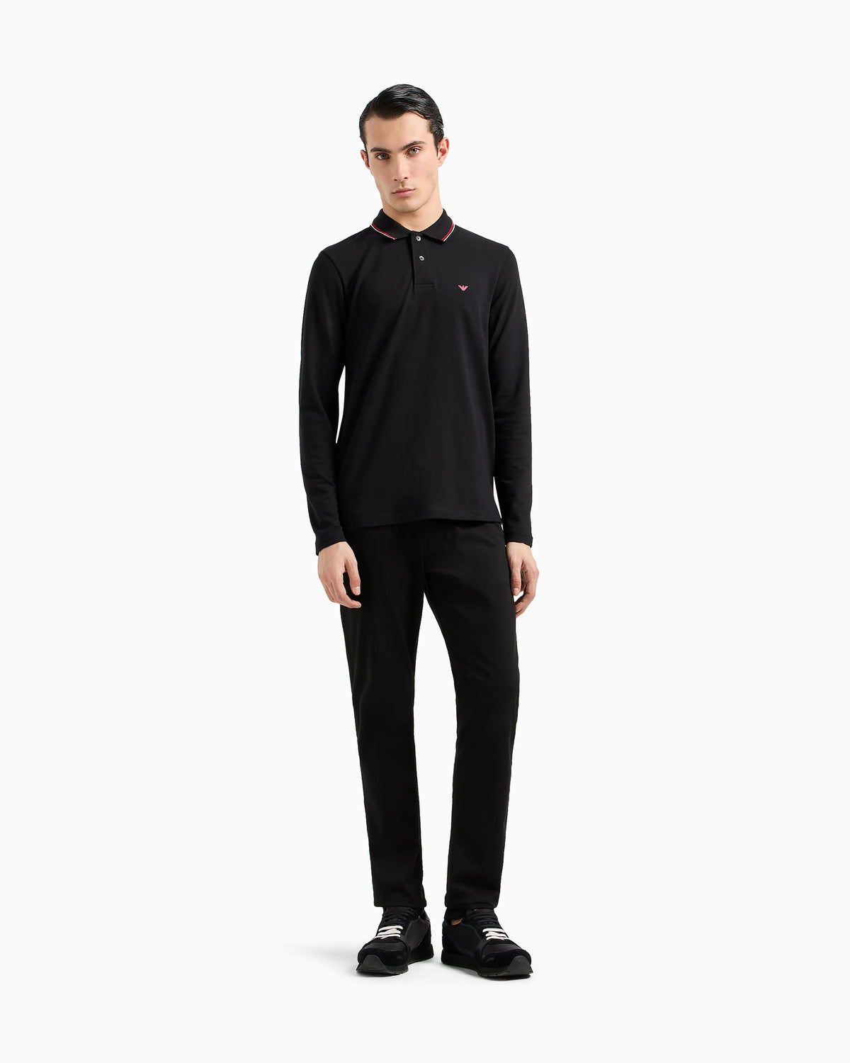 Long-sleeved stretch piqué polo shirt with micro eagle embroidery