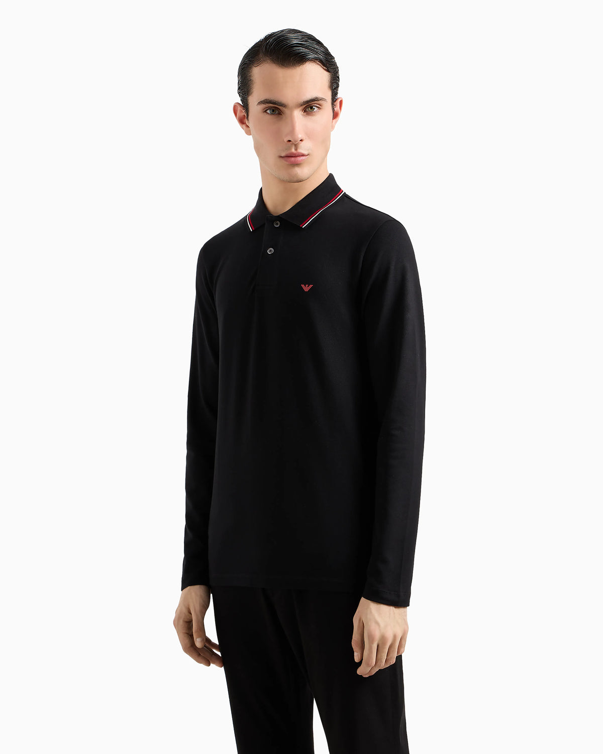 Long-sleeved stretch piqué polo shirt with micro eagle embroidery