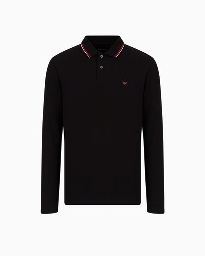 Long-sleeved stretch piqué polo shirt with micro eagle embroidery