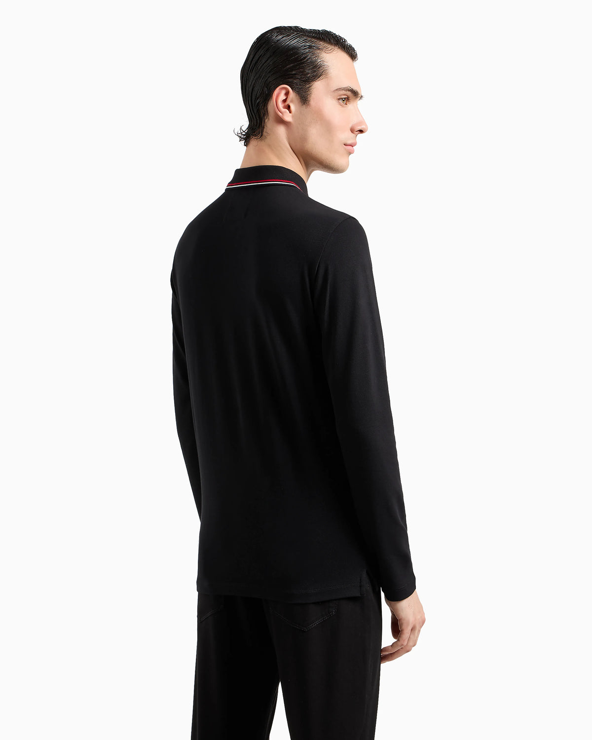 Long-sleeved stretch piqué polo shirt with micro eagle embroidery