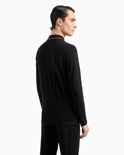 Long-sleeved stretch piqué polo shirt with micro eagle embroidery