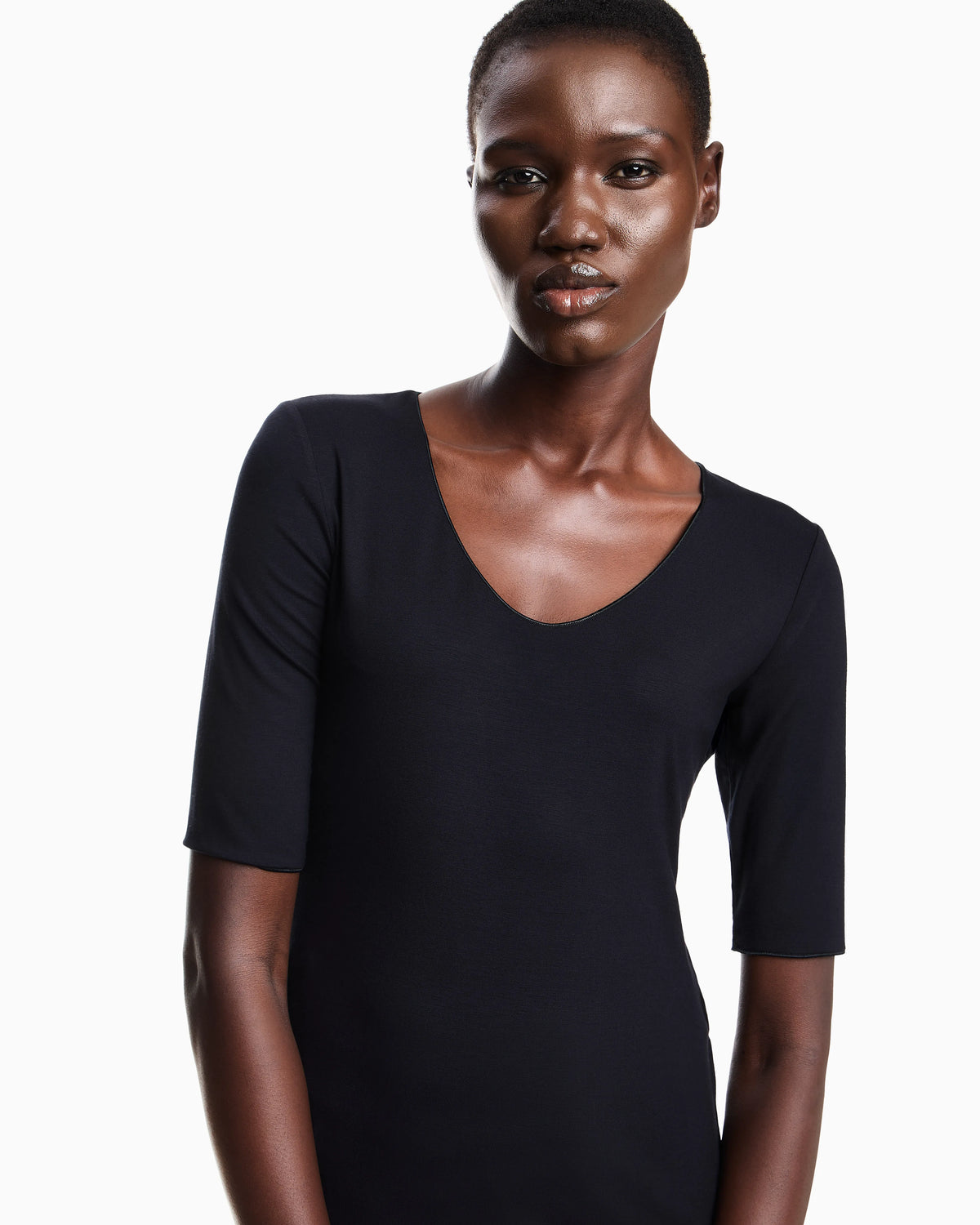 V-neck jumper with 3/4 sleeves in stretch viscose Essential