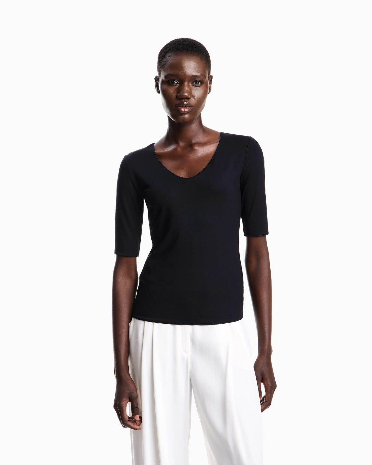 V-neck jumper with 3/4 sleeves in stretch viscose Essential