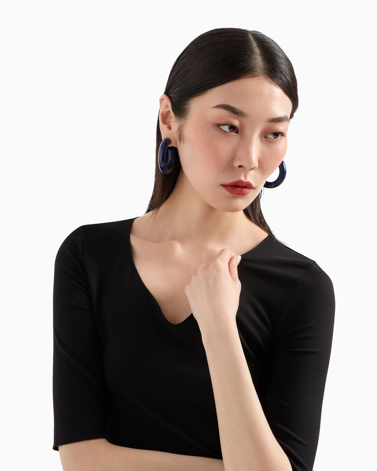 V-neck jumper with 3/4 sleeves in stretch viscose Essential