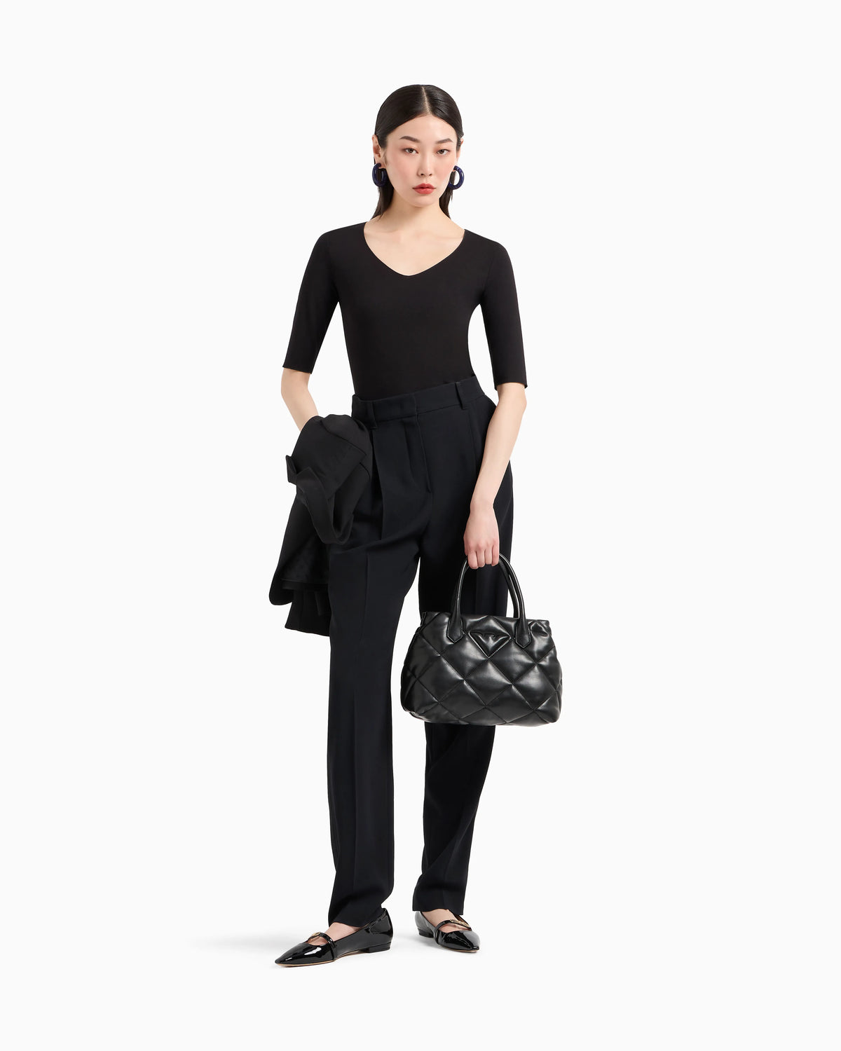 V-neck jumper with 3/4 sleeves in stretch viscose Essential