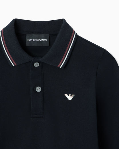 Long-sleeved stretch piqué polo shirt with micro eagle embroidery