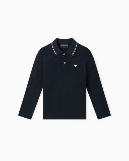 Long-sleeved stretch piqué polo shirt with micro eagle embroidery