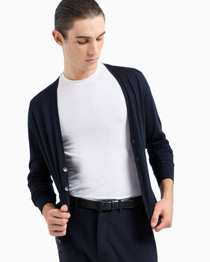 Button cardigan in virgin wool with a V-neck