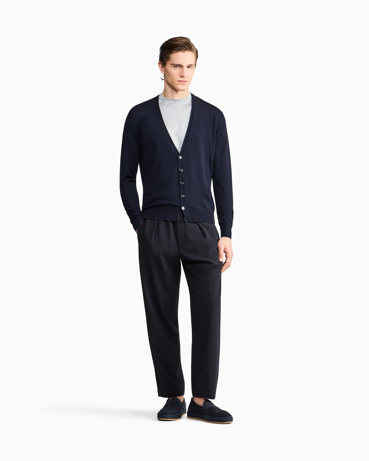Button cardigan in virgin wool with a V-neck