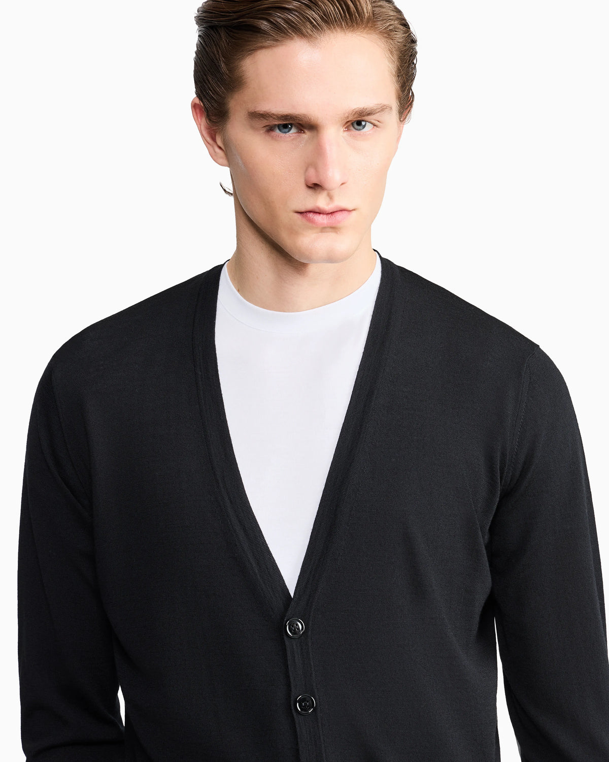 Button cardigan in virgin wool with a V-neck