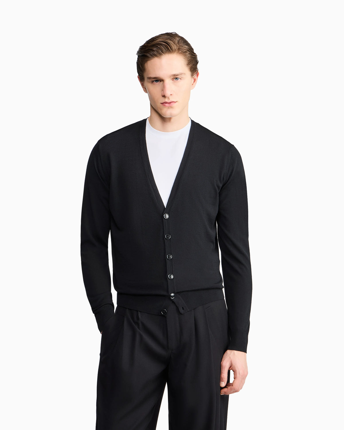 Button cardigan in virgin wool with a V-neck
