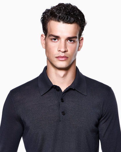 Long-sleeved polo shirt in virgin wool