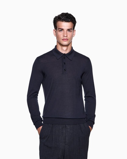 Long-sleeved polo shirt in virgin wool