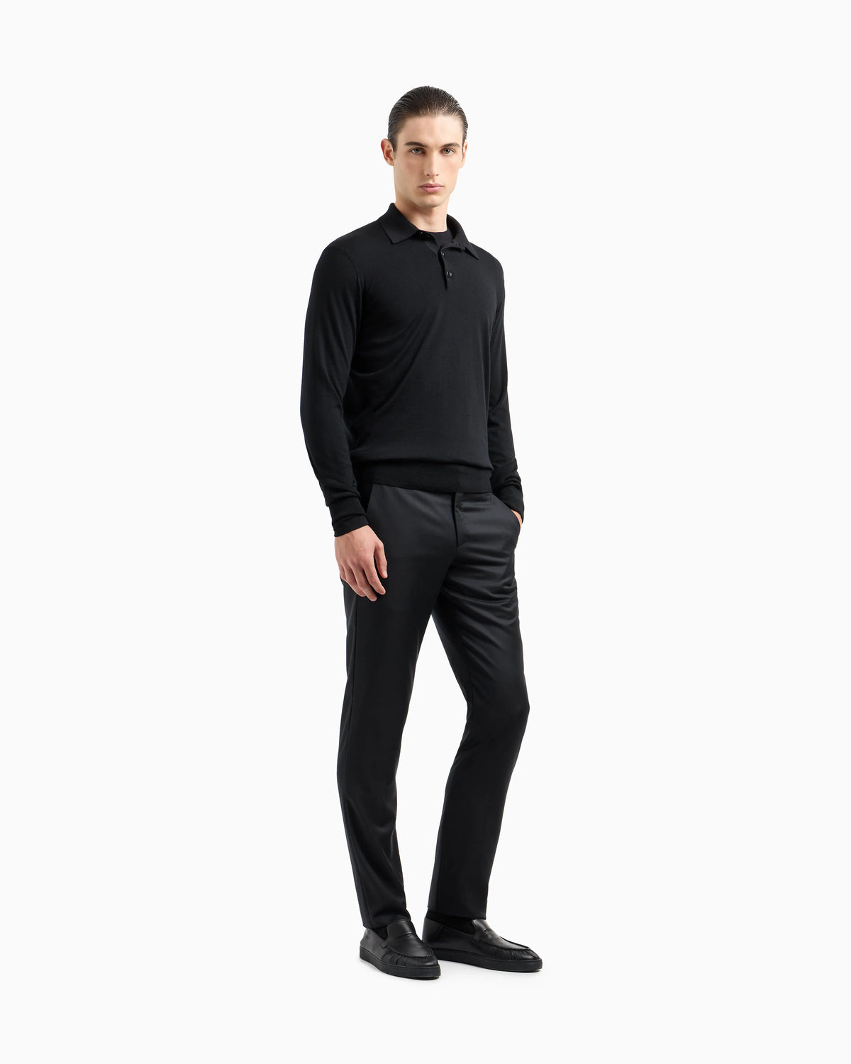 Long-sleeved polo shirt in virgin wool