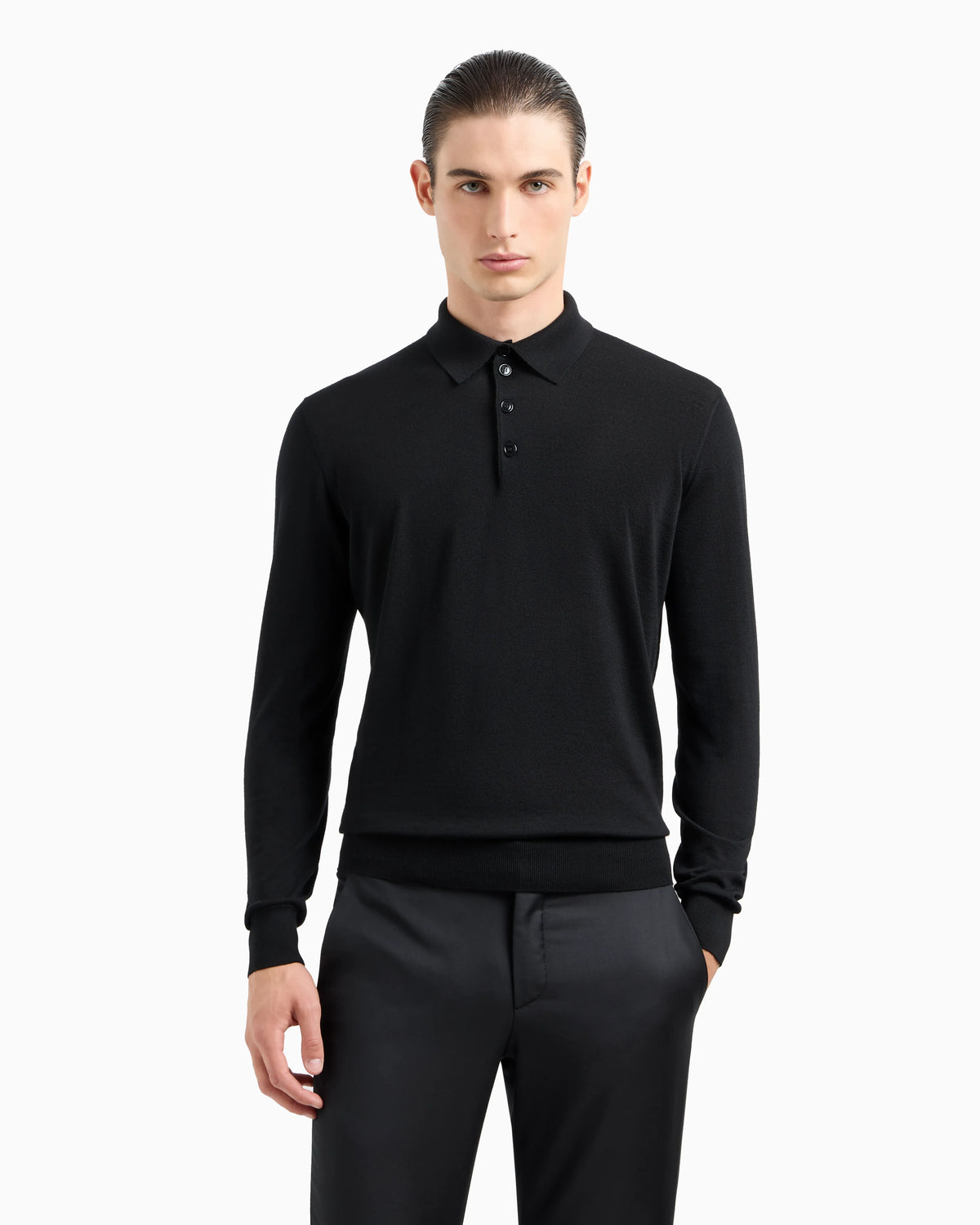 Long-sleeved polo shirt in virgin wool