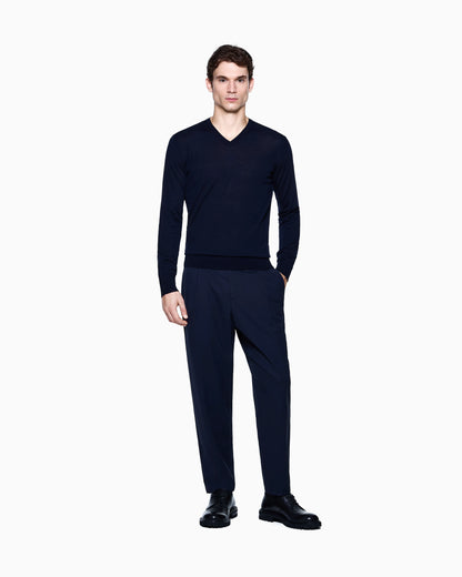 Virgin wool crew neck sweater with ribbed trims