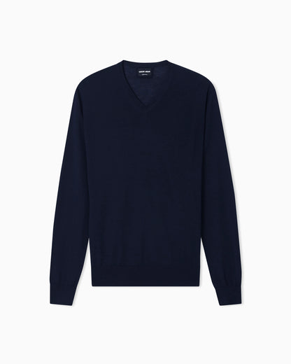 Virgin wool crew neck sweater with ribbed trims