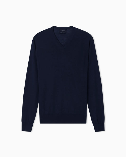 Virgin wool crew neck sweater with ribbed trims