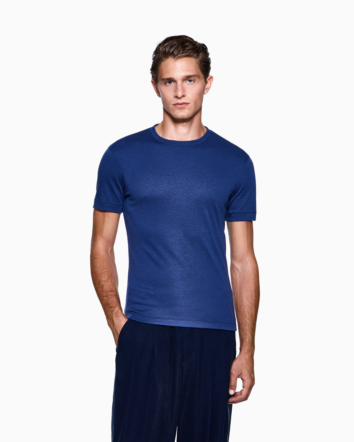 crew-neck, short-sleeved jumper in cashmere interlock