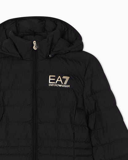 Padded jacket in technical fabric with a hood and zipper