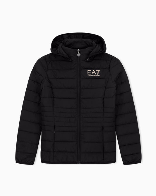 Padded jacket in technical fabric with a hood and zipper