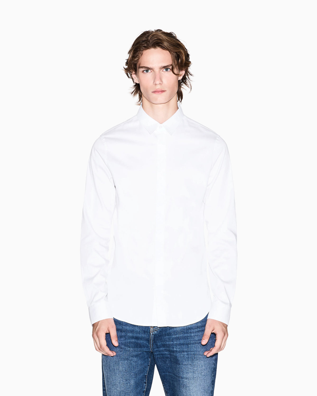 Slim-fit dress shirt in stretch cotton satin Essential