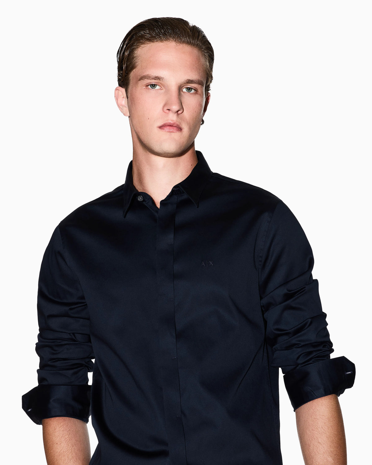 Slim-fit dress shirt in stretch cotton satin Essential