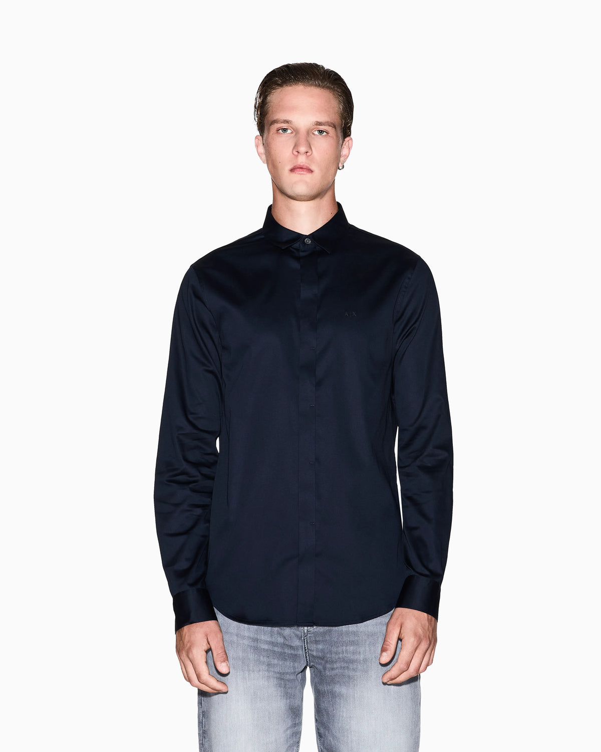 Slim-fit dress shirt in stretch cotton satin Essential