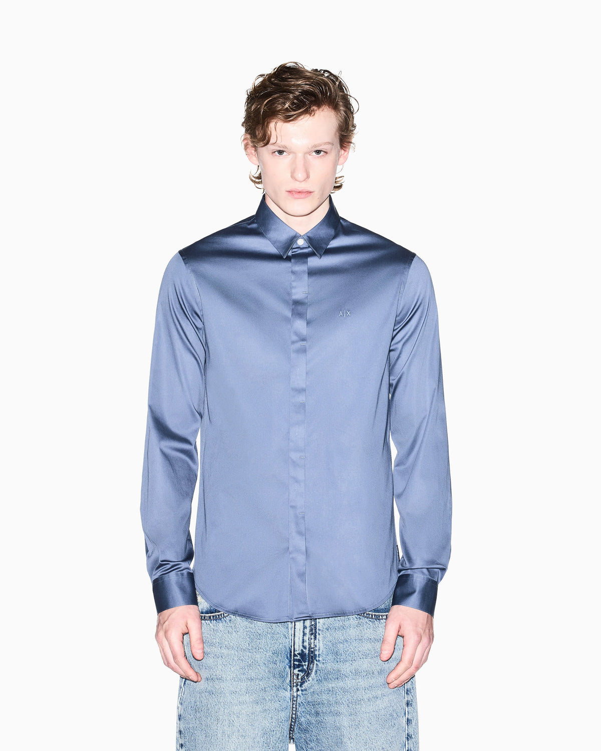 Slim-fit dress shirt in stretch cotton satin Essential