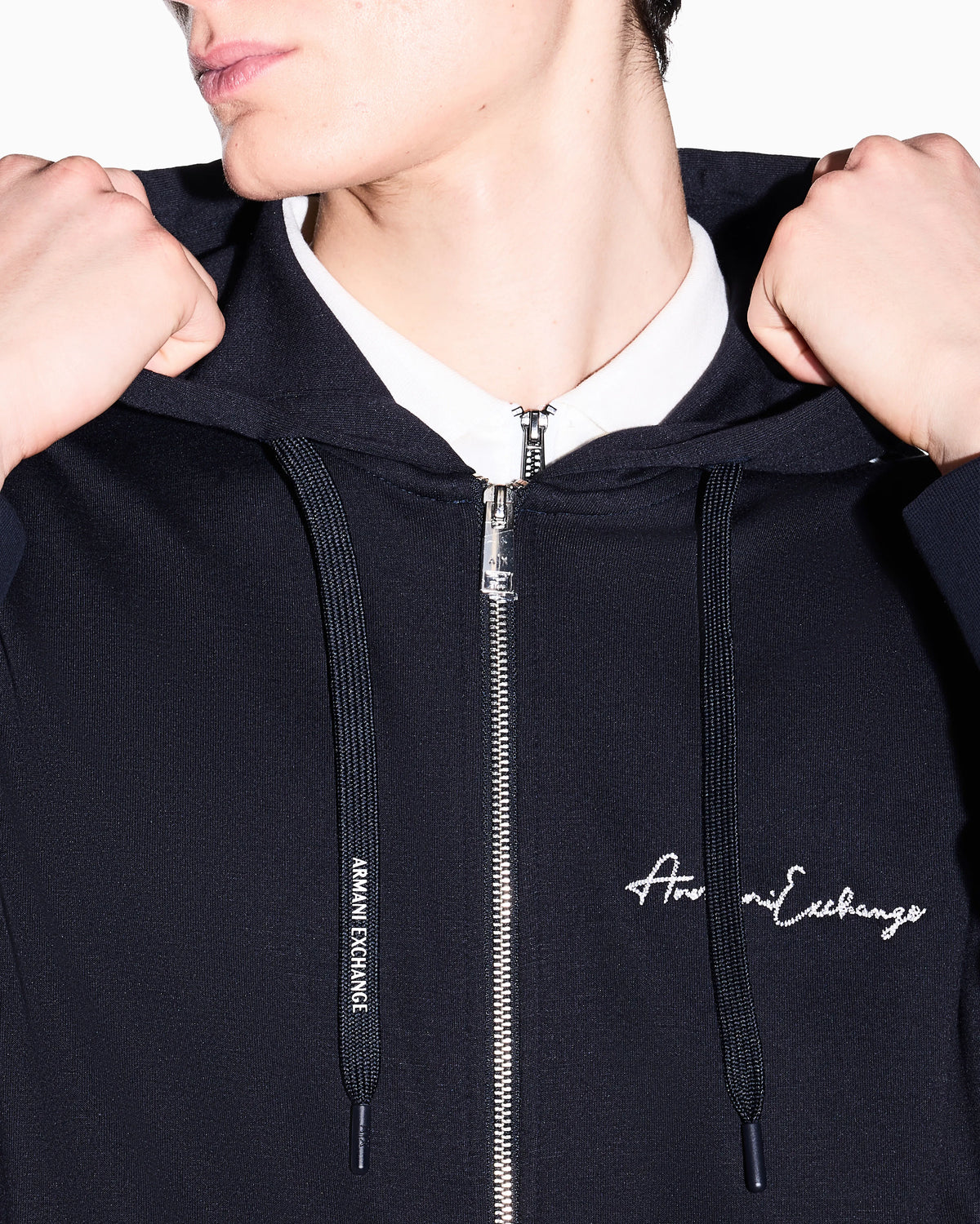 Full zip sweatshirt in bonded cotton with bands on the sleeves