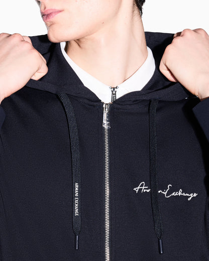 Full zip sweatshirt in bonded cotton with bands on the sleeves