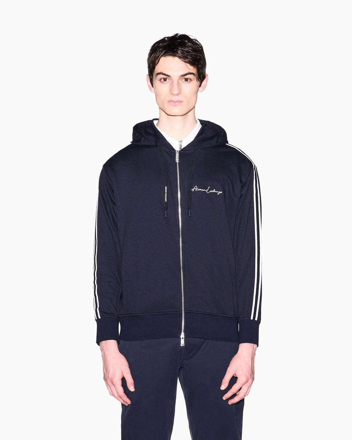 Full zip sweatshirt in bonded cotton with bands on the sleeves