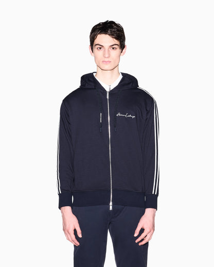 Full zip sweatshirt in bonded cotton with bands on the sleeves