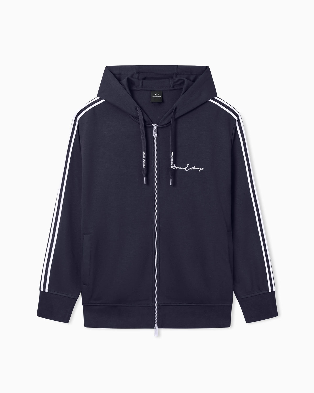 Full zip sweatshirt in bonded cotton with bands on the sleeves