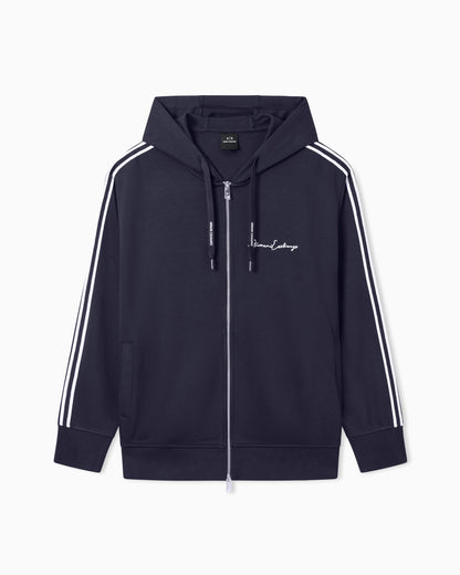 Full zip sweatshirt in bonded cotton with bands on the sleeves