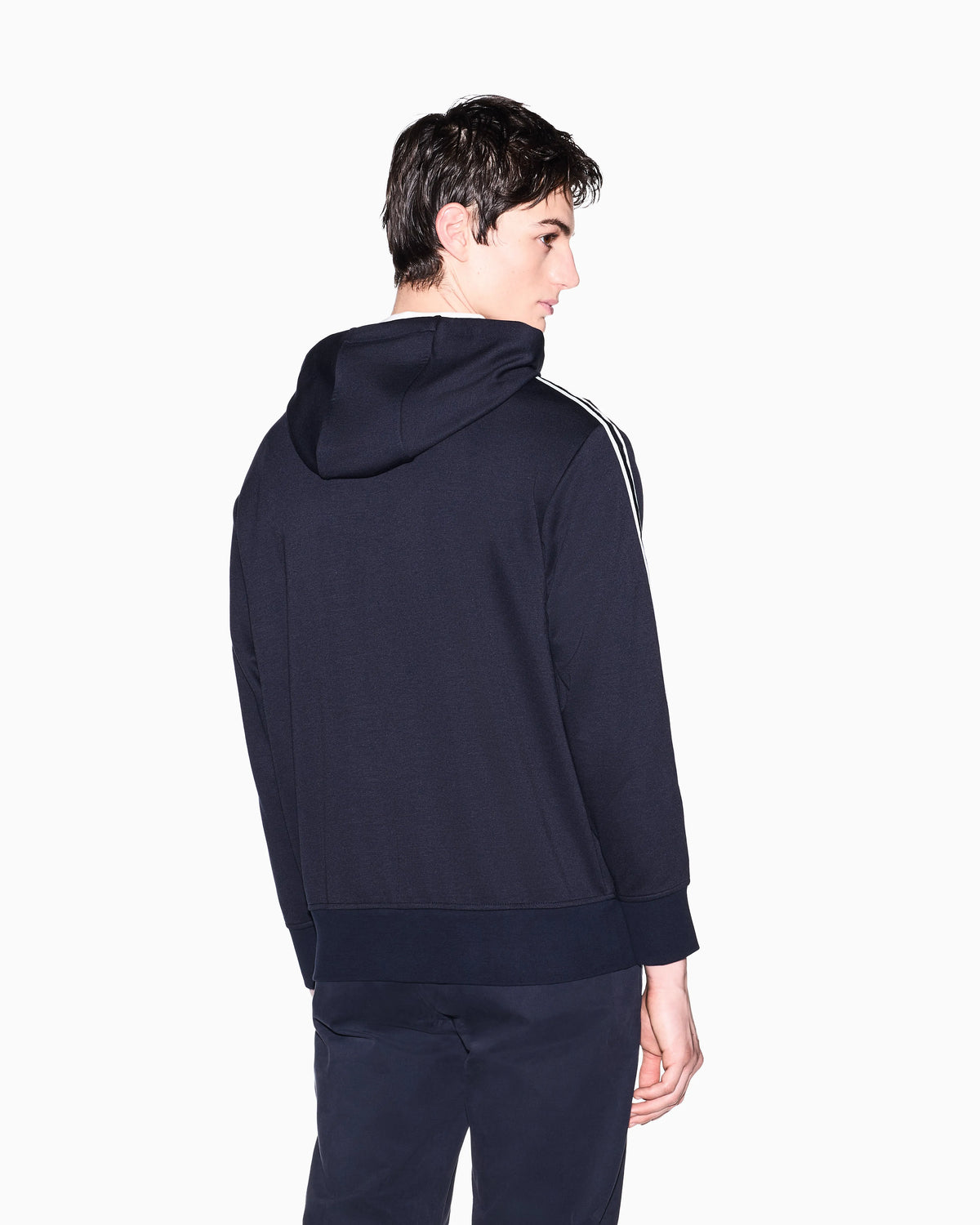 Full zip sweatshirt in bonded cotton with bands on the sleeves