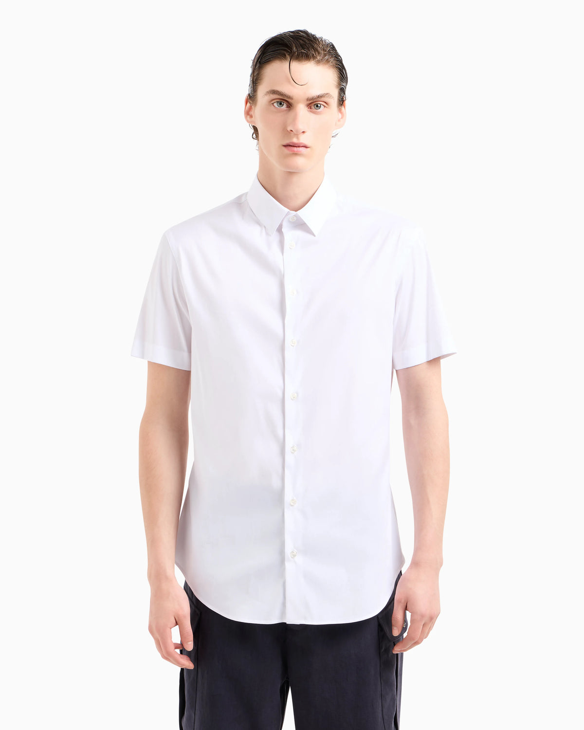 Short-sleeved, stretch plain-knit shirt
