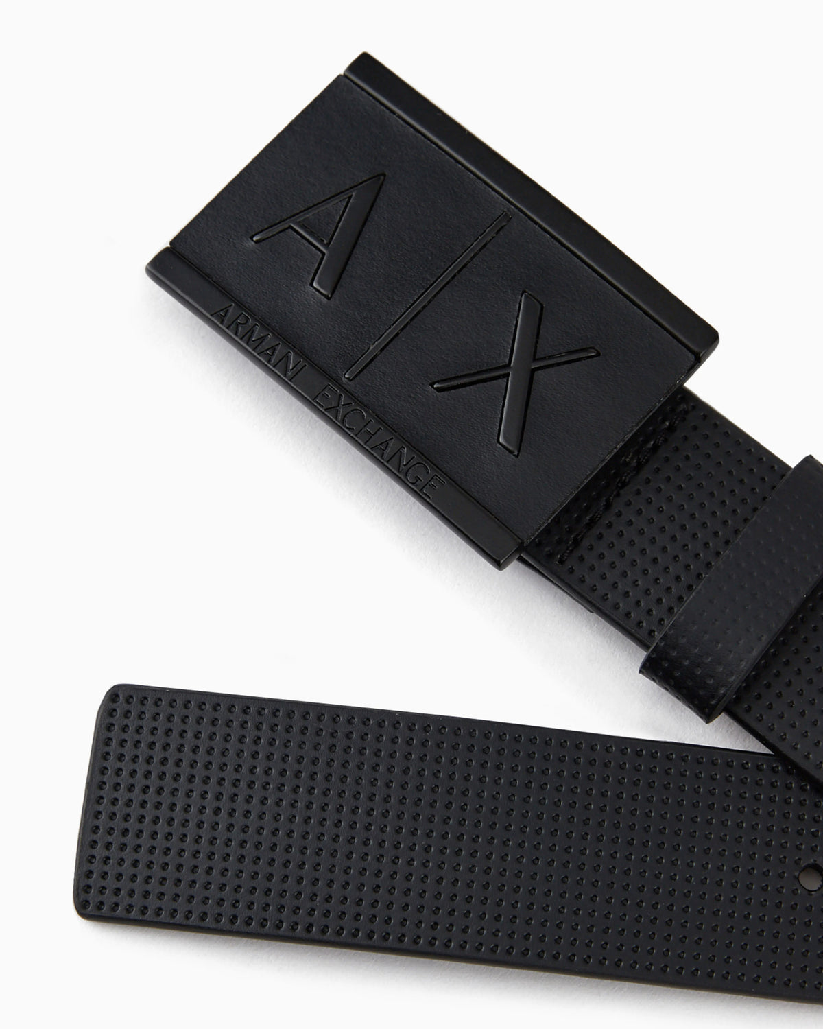 Textured leather belt with an embossed logo buckle